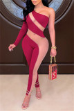 Red Fashion Sexy Patchwork See-through Backless Oblique Collar Skinny Jumpsuits