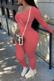 Red Sexy Solid Patchwork Oblique Collar Long Sleeve Two Pieces