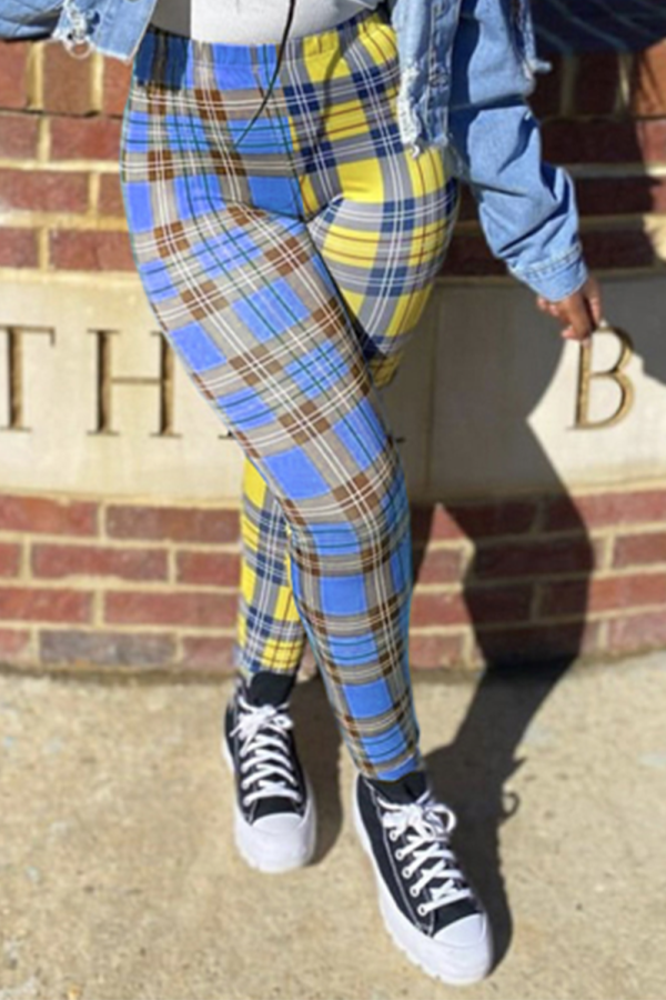 Blue Casual Plaid Patchwork Skinny High Waist Pencil Full Print Bottoms