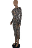 Leopard Print Fashion Sexy Print Leopard Bandage Hollowed Out O Neck Long Sleeve Dresses