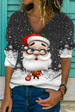 Red Fashion Casual Santa Claus Printing V Neck Tops