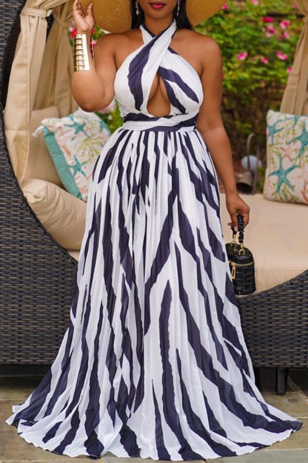 Tibetan Blue Fashion Sexy Print Hollowed Out Backless Halter Sleeveless Dress Dresses