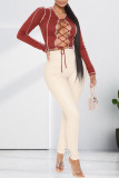 Burgundy Sexy Casual Solid Bandage V Neck Tops
