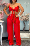 Red Sexy Solid Patchwork Spaghetti Strap Sleeveless Two Pieces