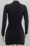 Black Sexy Solid Patchwork Buttons Turndown Collar Pencil Skirt Dresses