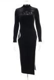 Black Sexy Solid Hollowed Out Split Joint Slit Turtleneck Straight Dresses