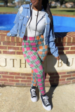 Green Casual Plaid Patchwork Skinny High Waist Pencil Full Print Bottoms