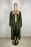Army Green Fashion Sexy Solid Hollowed Out Halter Long Sleeve Two Pieces