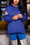 Blue Casual Solid Hollowed Out Patchwork Slit Hooded Collar Tops