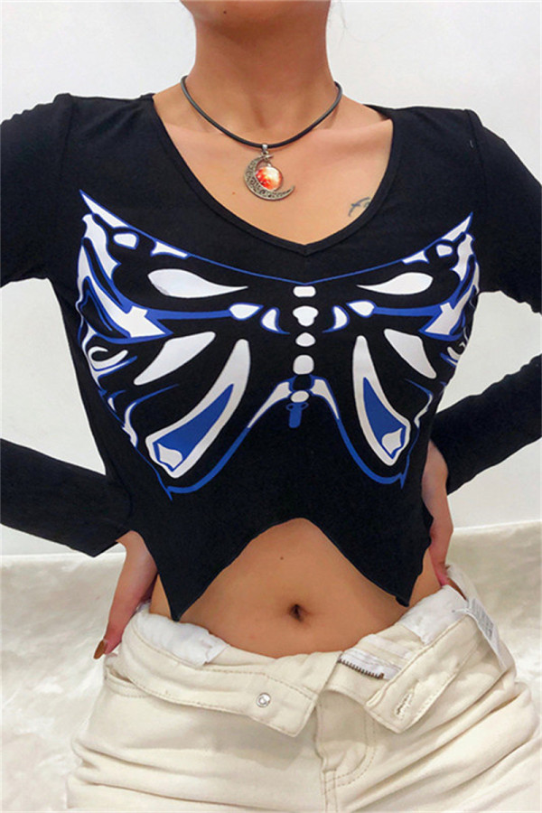 Black Fashion Casual Butterfly Print Asymmetrical V Neck Tops