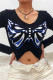 Black Fashion Casual Butterfly Print Asymmetrical V Neck Tops