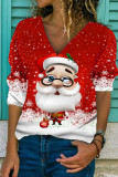 Red Fashion Casual Santa Claus Printing V Neck Tops