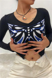 Blue Fashion Casual Butterfly Print Asymmetrical V Neck Tops