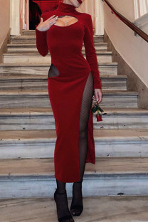 Red Sexy Solid Hollowed Out Split Joint Slit Turtleneck Straight Dresses