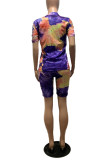 Purple Fashion Casual Lips Printed Ripped Tie-dye O Neck Plus Size Two Pieces