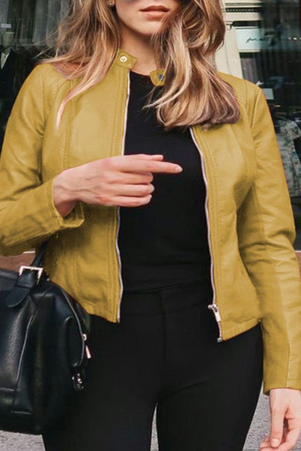 Yellow Fashion Casual Solid Basic Zipper Collar Plus Size Coats