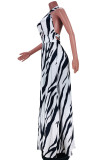 Tibetan Blue Fashion Sexy Print Hollowed Out Backless Halter Sleeveless Dress Dresses