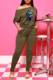 Red Fashion Casual Skull Head Print Fold O Neck Long Sleeve Two Pieces
