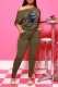 Army Green Fashion Casual Skull Head Print Fold O Neck Long Sleeve Two Pieces