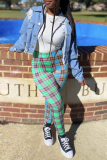 Green Casual Plaid Patchwork Skinny High Waist Pencil Full Print Bottoms