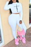 White Casual Print Patchwork O Neck Long Sleeve Two Pieces