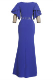 Blue Fashion Patchwork Flounce Beading O Neck A Line Plus Size Dresses (With Belt)