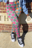 Green Casual Plaid Patchwork Skinny High Waist Pencil Full Print Bottoms