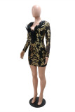 Black Fashion Sexy Patchwork Sequins V Neck A Line Dresses