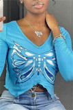 Blue Fashion Casual Butterfly Print Asymmetrical V Neck Tops