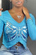 Blue Fashion Casual Butterfly Print Asymmetrical V Neck Tops