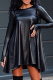 Black Fashion Casual Solid Asymmetrical O Neck Long Sleeve Dresses