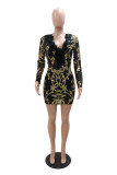 Black Fashion Sexy Patchwork Sequins V Neck A Line Dresses