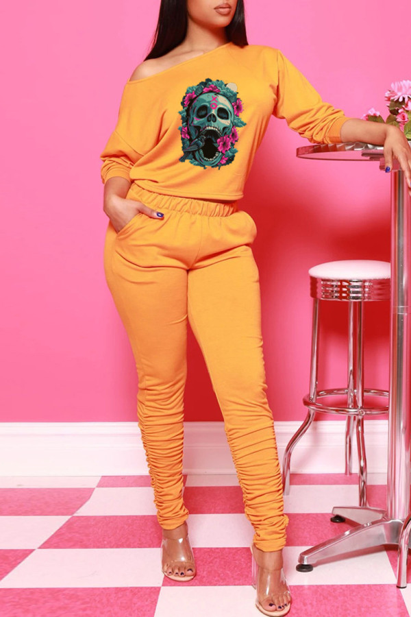 Yellow Fashion Casual Skull Head Print Fold O Neck Long Sleeve Two Pieces
