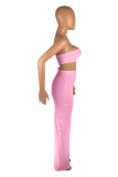 Pink Fashion Sexy Solid Hollowed Out Backless Strapless Irregular Dress