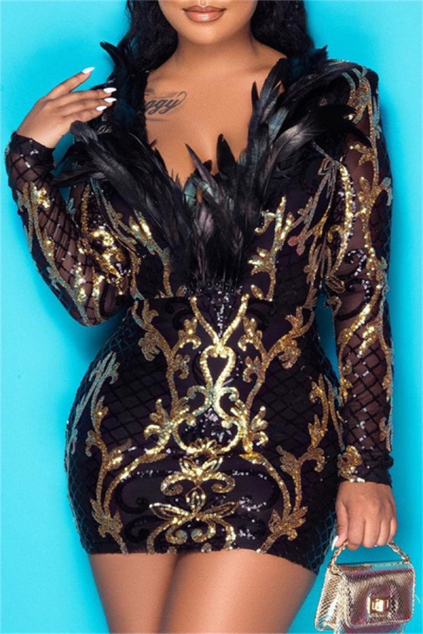 Black Fashion Sexy Patchwork Sequins V Neck A Line Dresses