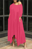 Pink Fashion Solid Asymmetrical Oblique Collar Long Dresses