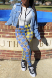 Green Casual Plaid Patchwork Skinny High Waist Pencil Full Print Bottoms