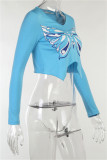 Blue Fashion Casual Butterfly Print Asymmetrical V Neck Tops