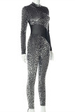 Black Fashion Sexy Print Patchwork See-through Half A Turtleneck Skinny Jumpsuits