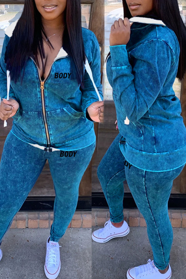 Blue Casual Print Patchwork Zipper Hooded Collar Long Sleeve Two Pieces