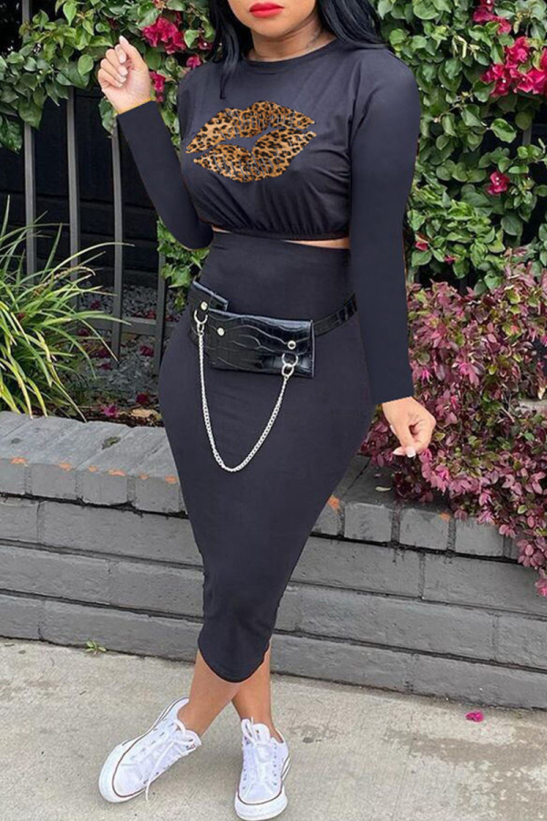 Black Fashion Casual Lips Printed Basic O Neck Long Sleeve Two Pieces