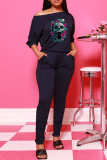 Red Fashion Casual Skull Head Print Fold O Neck Long Sleeve Two Pieces