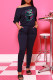 Deep Blue Fashion Casual Skull Head Print Fold O Neck Long Sleeve Two Pieces