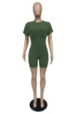 Army Green Simplicity Solid Split Joint O Neck Short Sleeve Two Pieces