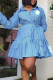 Light Blue Casual Solid Split Joint Buckle Flounce Fold Turndown Collar Shirt Dress Dresses