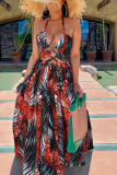 Green Sexy Print Hollowed Out Patchwork Backless High Opening Halter A Line Dresses