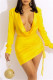 Yellow Sexy Casual Solid Bandage V Neck Long Sleeve Dresses