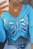 Blue Fashion Casual Butterfly Print Asymmetrical V Neck Tops