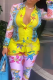 Yellow Casual Print Patchwork Turndown Collar Long Sleeve Two Pieces