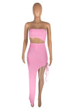 Pink Fashion Sexy Solid Hollowed Out Backless Strapless Irregular Dress